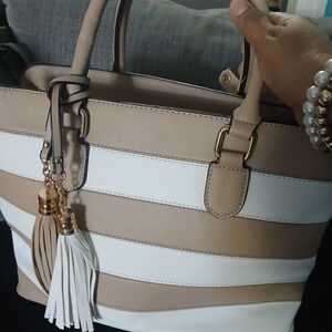 Elegant Tan and White Striped Women's Handbag